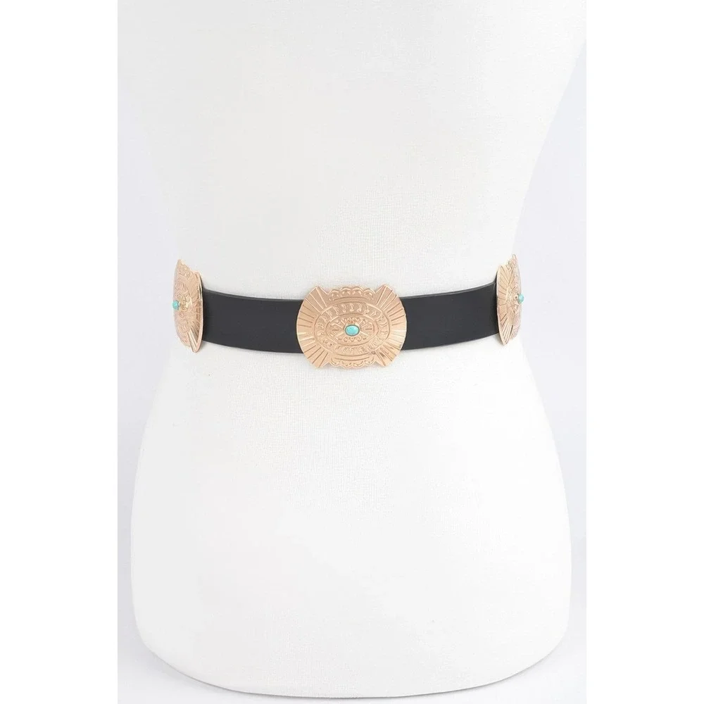 Concho Belt Women OS GOLD Excellent Western Turquoise Boho Medallion